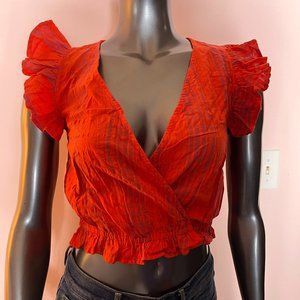 NWT Universal Thread Women's Red Striped Flutter Sleeveless Cropped Wrap Top XS
